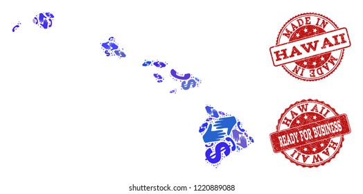 Business Contacts collage of blue mosaic map of Hawaii State and rubber seals. Vector red seals with distress rubber texture have MADE IN and READY FOR BUSINESS texts.