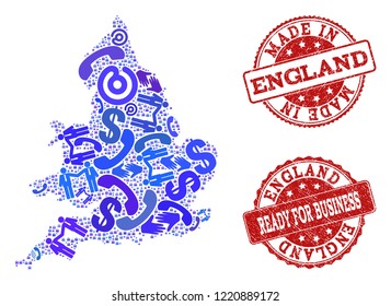 Business Contacts collage of blue mosaic map of England and rubber seal stamps. Vector red imprints with corroded rubber texture have MADE IN and READY FOR BUSINESS texts.