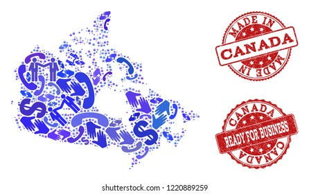 Business Contacts collage of blue mosaic map of Canada and unclean seal stamps. Vector red imprints with unclean rubber texture have MADE IN and READY FOR BUSINESS texts.