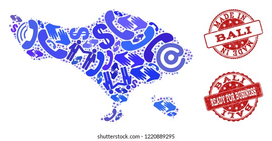 Business Contacts collage of blue mosaic map of Bali Island and unclean stamps. Vector red watermarks with unclean rubber texture have MADE IN and READY FOR BUSINESS texts.