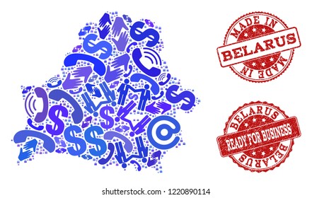 Business Contacts collage of blue mosaic map of Belarus and scratched stamps. Vector red watermarks with scratched rubber texture have MADE IN and READY FOR BUSINESS texts.