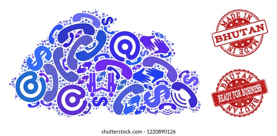 Business Contacts collage of blue mosaic map of Bhutan and rubber seals. Vector red seals with grunge rubber texture have MADE IN and READY FOR BUSINESS texts.