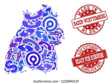 Business Contacts collage of blue mosaic map of Baden-Wurttemberg State and grunge seals. Vector red seals with distress rubber texture have MADE IN and READY FOR BUSINESS texts.