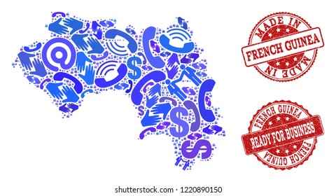 Business Contacts collage of blue mosaic map of French Guinea and grunge seals. Vector red seals with grunge rubber texture have MADE IN and READY FOR BUSINESS texts. Flat design for trade purposes.