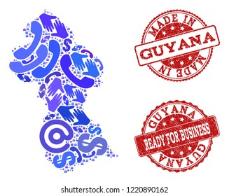 Business Contacts collage of blue mosaic map of Guyana and scratched seals. Vector red seals with grunge rubber texture have MADE IN and READY FOR BUSINESS texts. Flat design for commercial posters.