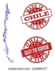 Business Contacts collage of blue mosaic map of Chile and rubber seals. Vector red watermarks with scratched rubber texture have MADE IN and READY FOR BUSINESS texts.