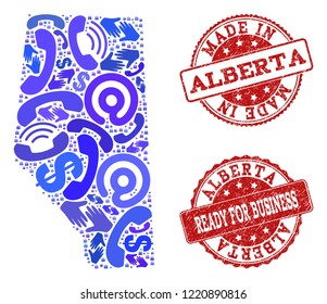 Business Contacts collage of blue mosaic map of Alberta Province and rubber seals. Vector red watermarks with distress rubber texture have MADE IN and READY FOR BUSINESS texts.