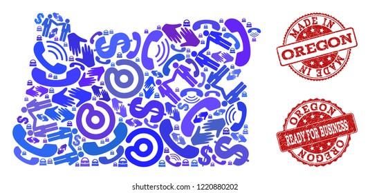 Business Contacts combination of blue mosaic map of Oregon State and grunge seals. Vector red watermarks with grunge rubber texture have MADE IN and READY FOR BUSINESS texts.