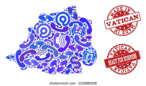 Business Contacts combination of blue mosaic map of Vatican and corroded seals. Vector red seals with corroded rubber texture have MADE IN and READY FOR BUSINESS texts.