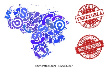 Business Contacts combination of blue mosaic map of Venezuela and corroded seal stamps. Vector red watermarks with corroded rubber texture have MADE IN and READY FOR BUSINESS texts.