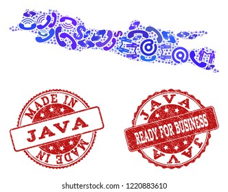 Business Contacts combination of blue mosaic map of Java Island and rubber seals. Vector red seals with unclean rubber texture have MADE IN and READY FOR BUSINESS texts.