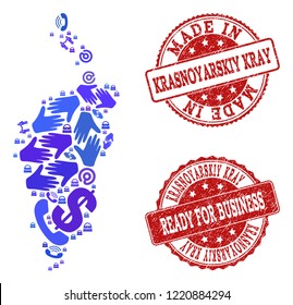 Business Contacts combination of blue mosaic map of Krasnoyarskiy Kray and unclean seals. Vector red imprints with unclean rubber texture have MADE IN and READY FOR BUSINESS texts.