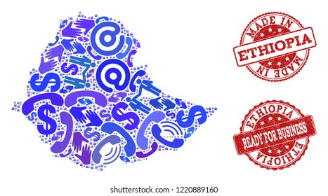 Business Contacts combination of blue mosaic map of Ethiopia and rubber seals. Vector red watermarks with scratched rubber texture have MADE IN and READY FOR BUSINESS texts.