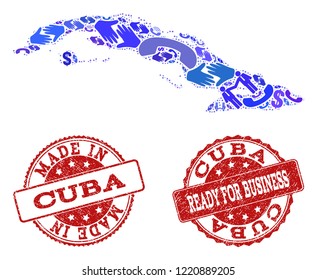 Business Contacts combination of blue mosaic map of Cuba Island and rubber seals. Vector red imprints with scratched rubber texture have MADE IN and READY FOR BUSINESS texts.