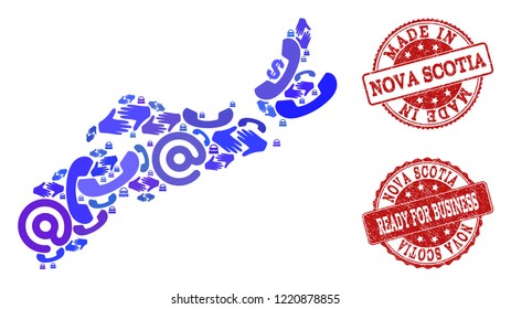 Business Contacts composition of blue mosaic map of Nova Scotia Province and rubber seals. Vector red seals with grunge rubber texture have MADE IN and READY FOR BUSINESS texts.