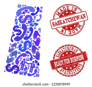 Business Contacts composition of blue mosaic map of Saskatchewan Province and rubber stamps. Vector red seals with grunge rubber texture have MADE IN and READY FOR BUSINESS texts.