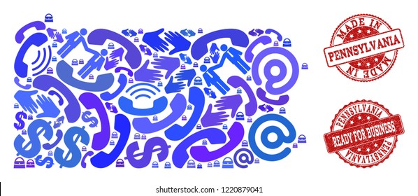 Business Contacts composition of blue mosaic map of Pennsylvania State and corroded seals. Vector red seals with distress rubber texture have MADE IN and READY FOR BUSINESS texts.