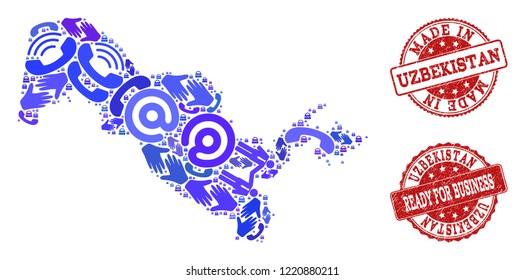Business Contacts composition of blue mosaic map of Uzbekistan and rubber seal stamps. Vector red watermarks with scratched rubber texture have MADE IN and READY FOR BUSINESS texts.