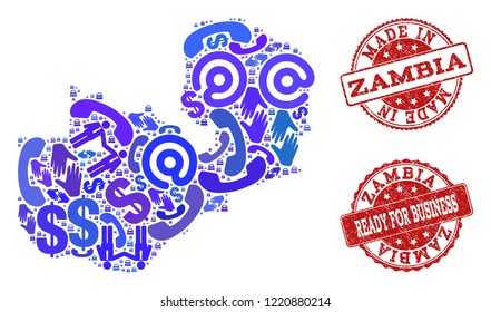Business Contacts composition of blue mosaic map of Zambia and rubber stamps. Vector red seals with scratched rubber texture have MADE IN and READY FOR BUSINESS texts. Flat design for trade posters.