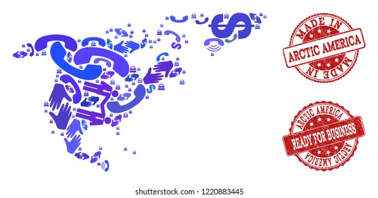 Business Contacts composition of blue mosaic map of North America and Greenland and unclean seal stamps. Vector red seals with unclean rubber texture have MADE IN and READY FOR BUSINESS texts.