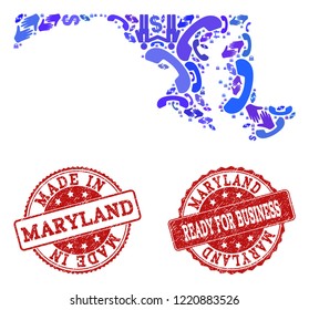 Business Contacts composition of blue mosaic map of Maryland State and rubber seals. Vector red watermarks with distress rubber texture have MADE IN and READY FOR BUSINESS texts.