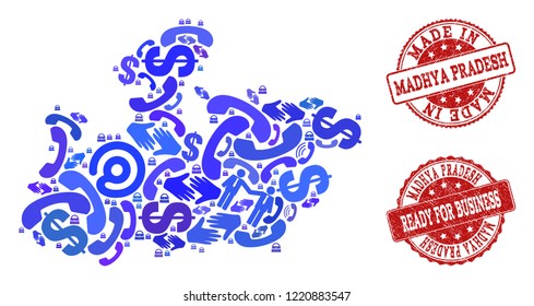 Business Contacts composition of blue mosaic map of Madhya Pradesh State and rubber seal stamps. Vector red seals with scratched rubber texture have MADE IN and READY FOR BUSINESS texts.