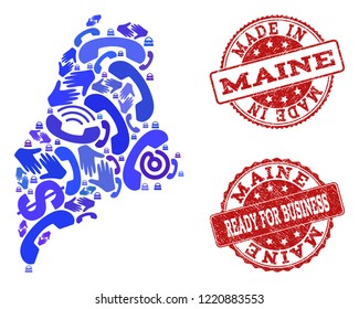 Business Contacts composition of blue mosaic map of Maine State and corroded seal stamps. Vector red seals with corroded rubber texture have MADE IN and READY FOR BUSINESS texts.