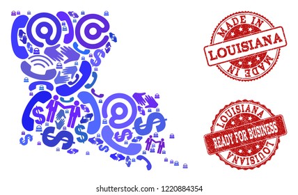 Business Contacts composition of blue mosaic map of Louisiana State and corroded seals. Vector red seals with unclean rubber texture have MADE IN and READY FOR BUSINESS texts.