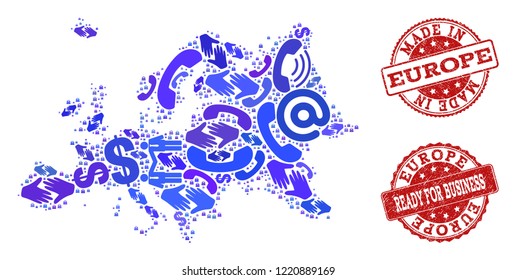 Business Contacts composition of blue mosaic map of Europe and textured seals. Vector red seals with unclean rubber texture have MADE IN and READY FOR BUSINESS texts.