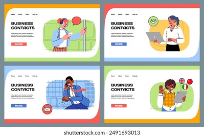 Business contacts landing page. Businessman communication. International call. Website design template. Phone talk. People with computers. Global deals. Online conversation. Vector web backgrounds set