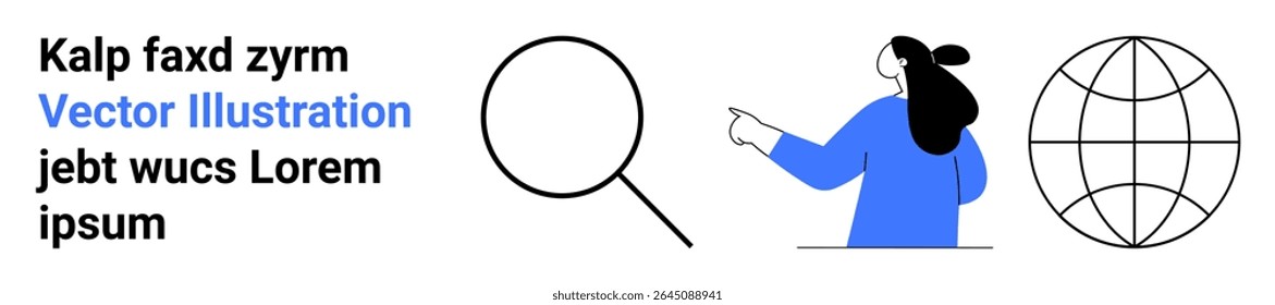 Business content with woman pointing, magnifying glass, globe outline, and placeholder text. Ideal for websites, marketing materials, educational content, global business themes, search functions