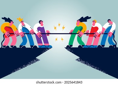 Business contest, rivalry, challenge concept. Group of people cartoon characters workers making rivalry contest fighting with rope with each other competing fighting vector illustration 