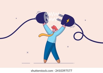 Business continuity concept. Energy recharge or connecting people to advance or surpass work difficulty concept, businessman manager connecting power cord to continue business.