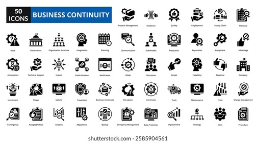 Business continuity glyph icon collection set. Includes icon accept, investment, imagination, resilience,  planning, recovery, risk, management, strategy, operations, stability, security, backup