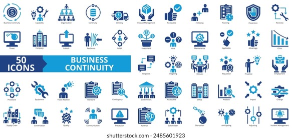 Business continuity icon collection set. Containing capability, organization, delivery, product management, acceptable, following, planning icon. Simple flat vector.