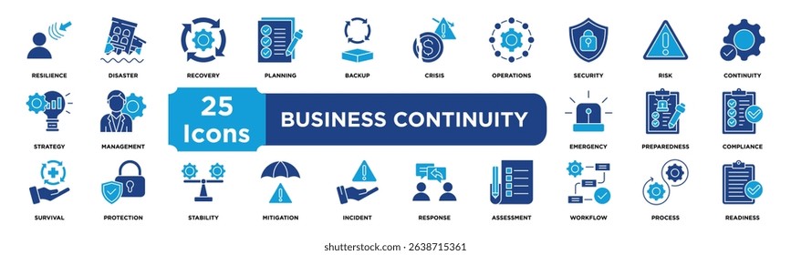 business continuity icon collection set. Containing resilience,disaster,recovery,planning,backup,crisis,operations,security,risk,continuity icon. solid icon vector