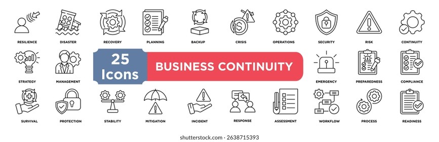 business continuity icon collection set. Containing resilience,disaster,recovery,planning,backup,crisis,operations,security,risk,continuity icon. Simple line vector