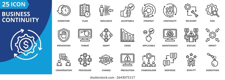 business continuity icon set collection in outline style. an icon pack contain downtime, plan, resilience, acceptable, strategy, continuity