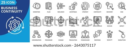 business continuity icon set collection in outline style. an icon pack contain downtime, plan, resilience, acceptable, strategy, continuity