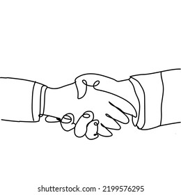 Business continuity line drawing of two men shaking hands deal the project. Digital transaction concept. One line graphic design, vector illustration.