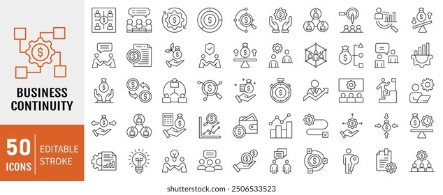 Symbolsammlung für Business Continuity-Positionen. Enthaltend Fähigkeit, Organisation, Lieferung, Produktmanagement, akzeptabel, folgt, Planungs-Symbol. Vektorgrafik