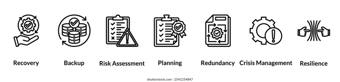 Conjunto de ícones da linha de continuidade de negócios. Recuperação, Backup, Avaliação De Riscos, Planejamento, Redundância, Gerenciamento De Crises, Resiliência