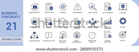 Business Continuity Line Icon Set Featuring Risk Management, Disaster Recovery, Data Protection, Crisis Planning, and Organizational Resilience Vector Symbols Collection