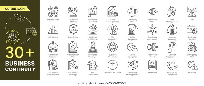 Business Continuity Outline icon set. Business team, Business Recovery, partnership, startup, Business
Survival, Risk Management, management, profit and successful key icons. Outline icons Collection.