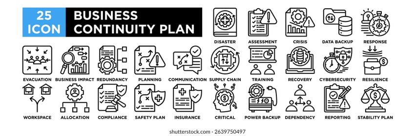Business Continuity Plan icon collection set. Disaster Recovery Plan, Risk Assessment, Crisis Management, Data Backup, Incident Response