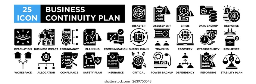 Business Continuity Plan icon collection set. Disaster Recovery Plan, Risk Assessment, Crisis Management, Data Backup, Incident Response