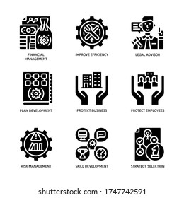 Business continuity plan icons set solid style