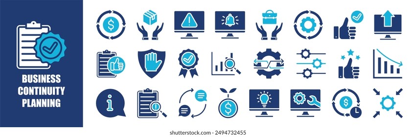 Conjunto de colecciones de iconos de planificación de continuidad empresarial. Contiene diseño, estrategia, administración, negocio, riesgo, concepto y más. Iconos de vector sólido colección.	