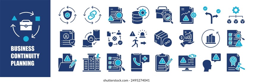 Business Continuity Planning icon collection set. Containing design,strategy, management, business, risk, plan, and more. Solid vector icons collection