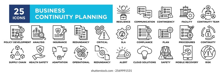 Business Continuity Planning icon collection set. Containing design Business Resilience, Communication Plan, Contingency Plan, Facility Management , Business Continuity Team